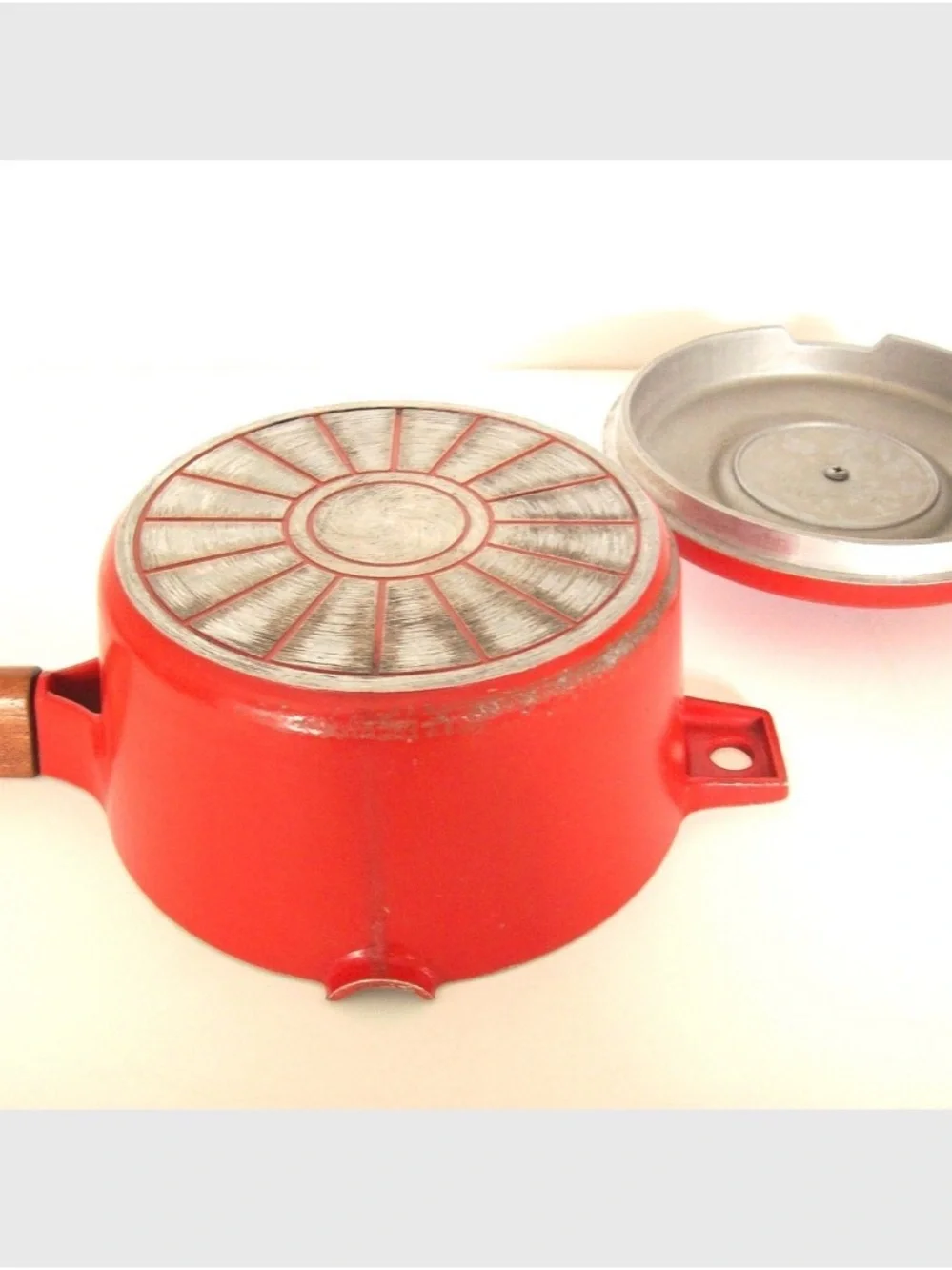MID-CENTURY MODERN Red Saucepan with Teak Wood Handles MCM Vintage Cookware Pot